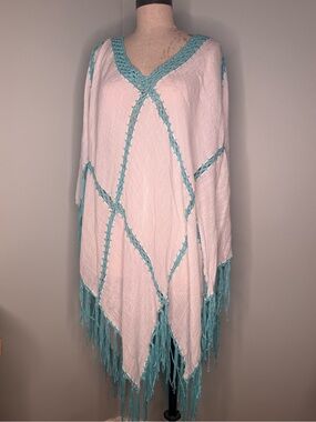 MT Collection Crochet Fringe Poncho Top – One Size, Turquoise & White
